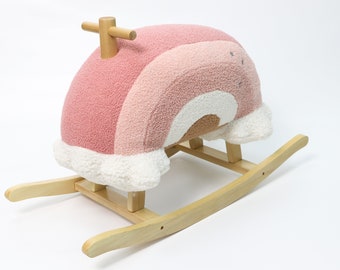 Hopscotch Squad Rainbow Rocker Fully Assembled Natural Wood Rocking Horse with Soft Fleece Pink Puffy Plush Clouds