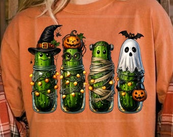 Spooky Halloween Pickles PNG Sublimation Clipart | Cute Halloween Pickle Jars Graphic, Witch Ghost Mummy Pumpkin Pickles Clip Art