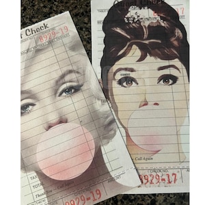 May include: Two printed images of famous women blowing bubblegum. One features Marilyn Monroe, the other Audrey Hepburn. Both images are on paper resembling restaurant checks, with the check numbers 8929-19 and 8929-17.