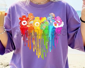 Rainbow Drip PNG, Retro Cartoon Bears Design, Colorful Heart Graphic, Sublimation Design, DTF Transfer