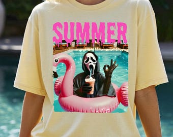 Summer Ghost PNG, Funny Horror PNG, Ice Coffee Lover, Pink Flamingo Float