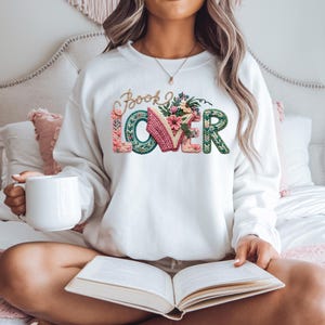 Transferência DTF de livro floral, amante de livros, ponto falso, design de tricô retrô
