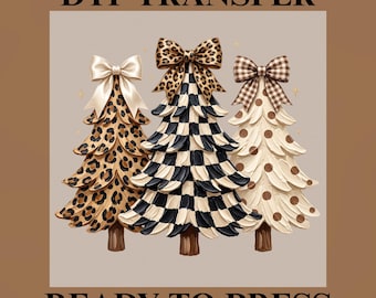 Leopard & Checkerboard Christmas Trees DTF Transfer | Trendy Patterned Coquette Bow Ready-to-Press Print