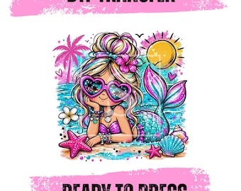 Mermaid DTF Transfer, Beach Girl with Heart Sunglasses, Vibrant Hand Drawn, coastal vibes