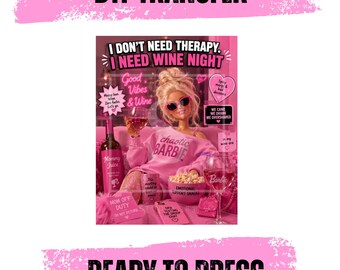 Barbie Wine Night DTF Transfer, Doll Face Design, Pink Girlie
