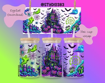 Neon Haunted House Halloween Glass Can Wrap PNG | Ghost Pumpkin Sublimation Design (Digital Download)