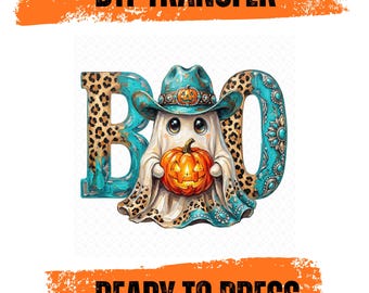 Western Boo Ghost DTF Transfer, Halloween Pumpkin, Leopard and Turquoise
