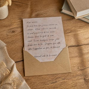 Peut inclure: Une carte de correspondance rose pâle avec un texte manuscrit en français insérée dans une enveloppe en papier kraft brun. La carte présente une surface texturée et marbrée avec une écriture à l'encre sombre : Mon amour, Tu sais bien.