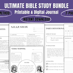 Könnte beinhalten: Ein druckbares und digitales Bibelstudien-Bundle mit einem 7-seitigen Set. Das Bild zeigt Seiten für Predigtnotizen, SOAP-Studium, tägliche Andachten und eine monatliche Übersicht. Der Text enthält "Ultimate Bible Study Bundle" und "Instant Download."
