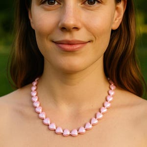 Pink Heart Beaded Necklace – Cute Romantic Choker for Women – Kawaii Gift for Her – Pearl Accent Love Jewelry – Girly Y2K Accessory