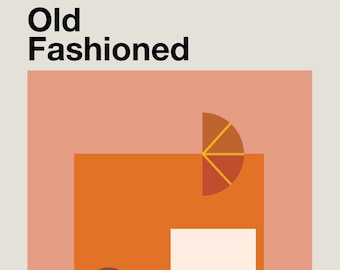 May include: A graphic illustration of an Old Fashioned cocktail recipe. The image features a stylized glass with a brown circle, a white square, and a red and orange wedge. The text "Old Fashioned" is at the top of the image, and the text "Analog Cocktails" is at the bottom. The recipe includes 2 ounces of bourbon, 2 dashes of Angostura bitters, 1 sugar cube, and 1 large ice cube. The garnish includes 1 slice of orange and 1 Luxardo cherry.
