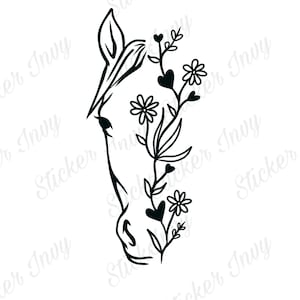 May include: A black and white line art illustration of a horse's head with floral accents. The horse's head is facing to the left and the floral accents are on the right side of the horse's head. The floral accents include leaves, flowers, and hearts.