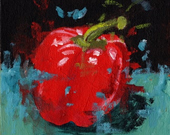Pintura de pimiento rojo 6x6 acrílico original sobre tablero de lino Loxley sin enmarcar