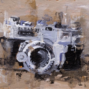 Appareil photo peinture 7 x 5 acrylique original sur panneau de lin Loxley sans cadre