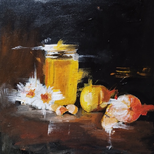 赤いリンゴの絵画 6x6 オリジナル Arteza リネンボードに油絵 フレーム