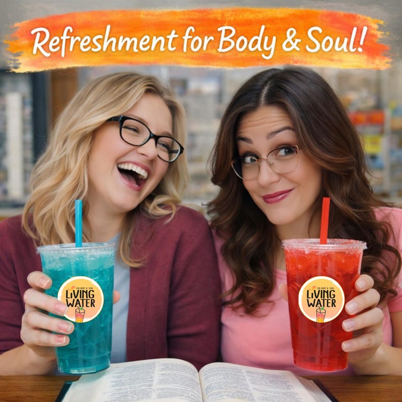 May include: Two women holding clear plastic cups with straws, one with a blue drink and the other with a red drink. The cups have a "Living Water" sticker. The image has the text "Refreshment for Body & Soul!"