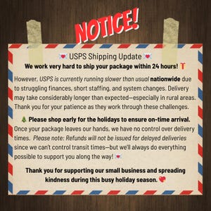 May include: A notice on a decorative paper with red, white, and blue borders, taped to a wooden surface. The text reads "NOTICE!" and provides a USPS shipping update, including potential delays and holiday shopping advice.