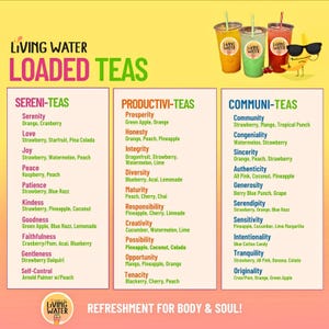 May include: An advertisement for Living Water Loaded Teas. The image features three colorful drinks in clear cups with straws, and a cartoon banana wearing sunglasses. The text lists various tea flavors and their ingredients.