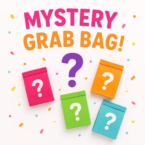 May include: A graphic design featuring the text MYSTERY GRAB BAG! in pink and orange, surrounded by colorful confetti dots. Four rectangular boxes in pink, green, orange, and blue, each marked with a large white question mark, are arranged below.