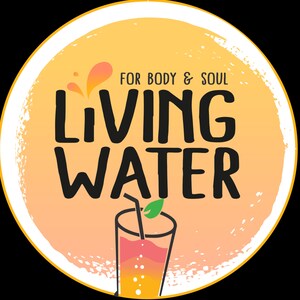 May include: A circular logo with a gradient orange and yellow background. The text "FOR BODY & SOUL" is above the words "LIVING WATER" in bold black letters. A glass of pink and orange juice with a straw and a green leaf is at the bottom.