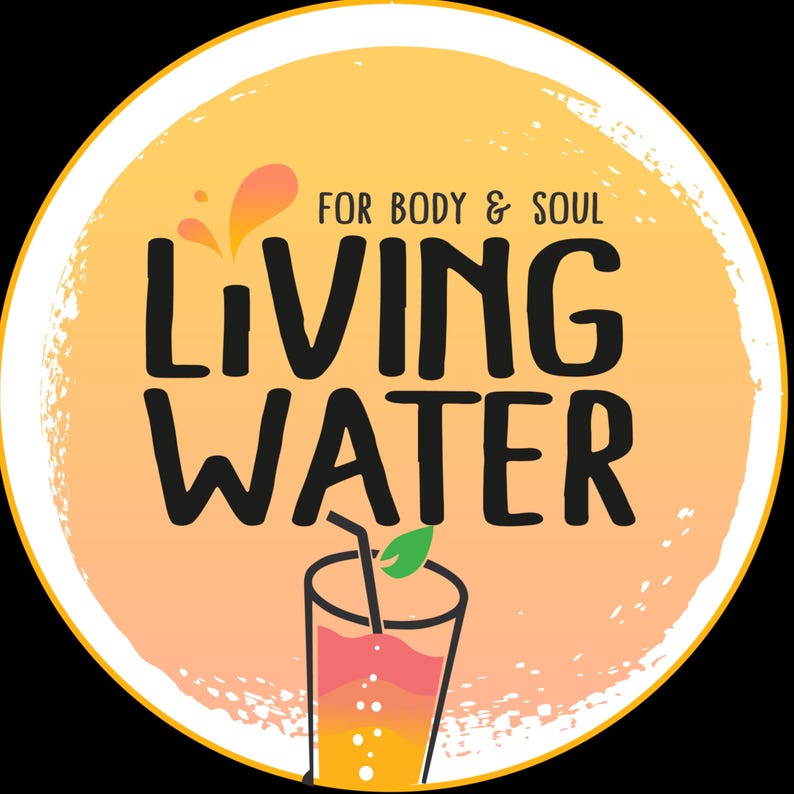 May include: A circular logo with a gradient orange and yellow background. The text "FOR BODY & SOUL" is above the words "LIVING WATER" in bold black letters. A glass of pink and orange juice with a straw and a green leaf is at the bottom.