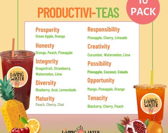 May include: A 10 pack of Productivi-Teas by Living Water featuring a list of tea flavors like Prosperity, Honesty, Integrity, Diversity, Maturity, Responsibility, Creativity, Possibility, Opportunity, and Tenacity with fruit illustrations.