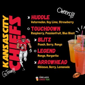 May include: A black graphic with the text "Kansas City Chiefs" and "Go Team!!!". It features a football player illustration and several drink options: Huddle, Touchdown, Blitz, Legend, and Arrowhead. Cheers!!! is written at the top.