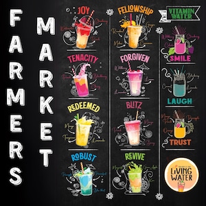 May include: A black chalkboard-style sign featuring the text FARMERS MARKET vertically on the left. The main area displays eight colorful illustrations of fruit-infused drinks with names like Joy, Fellowship, Tenacity, Forgiven, Redeemed, Blitz, Laugh, and Revive, plus a Vitamin Water logo and a circular Living Water label.