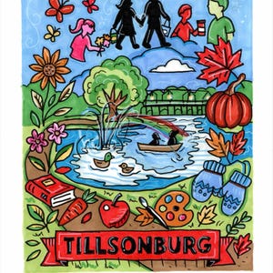 Peut inclure: Illustration colorée de Tillsonburg, représentant un étang avec des canards, un arc-en-ciel et un bateau. L'œuvre comprend une bannière rouge avec le nom de la ville, des fleurs, une citrouille et des personnages. Le style est fantaisiste et vif.