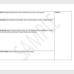 May include: A white legal analysis template with sections for ISSUE, RULE(S), ANALYSIS, CONCLUSION, and NOTES. The text is in black, with a watermark of the word "SAMPLE" diagonally across the page.