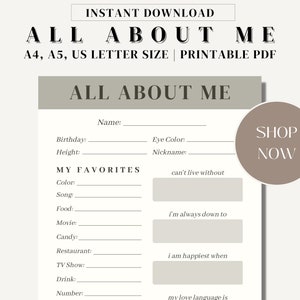 All About Me Reflection Template, Self Reflection My Favorites Journal Prompt, Instant Download, Aesthetic Minimalist Self Improvement PDF