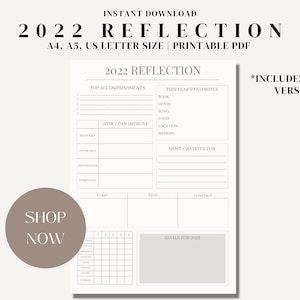 Mall för reflektion 2022, Årsöversikt direkt nedladdningsbar, Målplanerare 2023, Tacksamhetsdagbok 2022, Reflektion vid årets slut, utskrivbar PDF