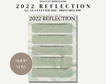 Szablon refleksji na rok 2022, natychmiastowe pobieranie rocznego przeglądu, planer celów na rok 2023, dziennik wdzięczności 2022, podsumowanie refleksji na koniec roku do wydrukowania w formacie PDF