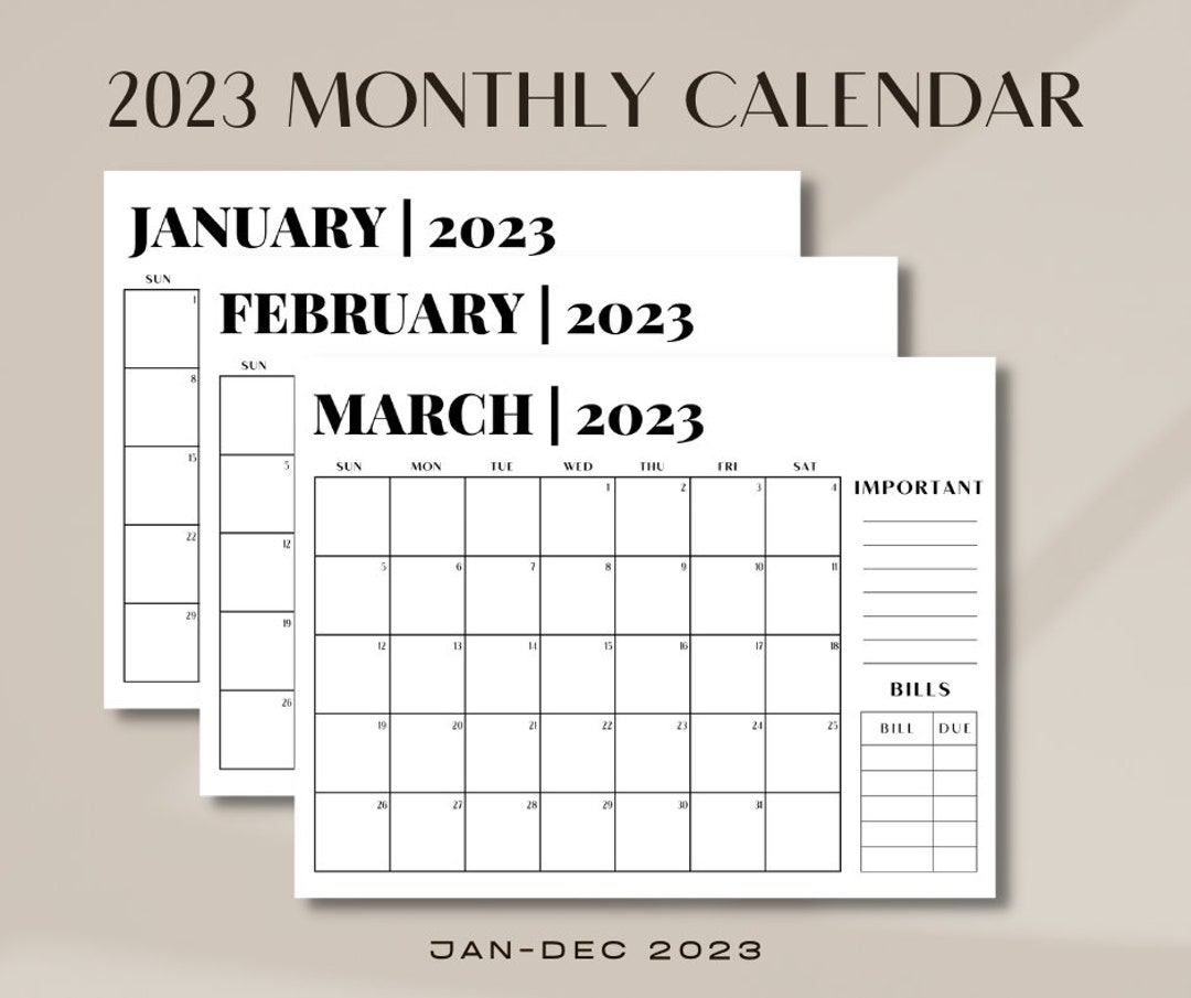 2023 Monthly Printable Calendar, Digital Printable PDF Calendar, Month