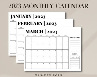 2023 Monthly Printable Calendar, Digital Printable PDF Calendar, Month at a Glance, Download Minimal 2023 Desk Monthly Calendar