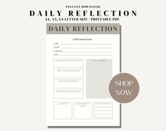 May include: Printable daily reflection journal with sections for affirmations, one thing you did for someone else, what you accomplished today, what foods nourished you, something you regret not doing, things you are grateful for, a compliment for yourself, and someone's perspective. The journal has a grey background and the text is in black.