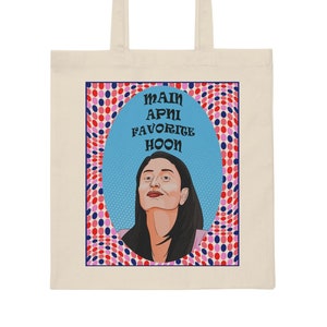 Bollywood Tote, levendig kleurrijk ontwerp, heldere gedurfde tas, portretten van Bollywood-acteurs, iconische dialogen, Kareena in Jab We Met, milieuvriendelijk