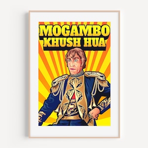 Lebendige Wandkunst, Bollywood-Schauspieler, ikonische Dialoge, Mogambo Khush Hua, Premium-matte vertikale Poster, helle bunte indische Filmdrucke