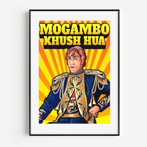 May include: A vintage-style poster featuring a man in a colorful costume with the text "MOGAMBO KHUSH HUA" in yellow letters on a yellow and orange background.