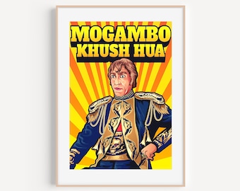 Żywa sztuka ścienna, aktorzy Bollywood, kultowe dialogi, Mogambo Khush Hua, plakaty Premium Matte Vertical, jasne kolorowe indyjskie wydruki filmowe
