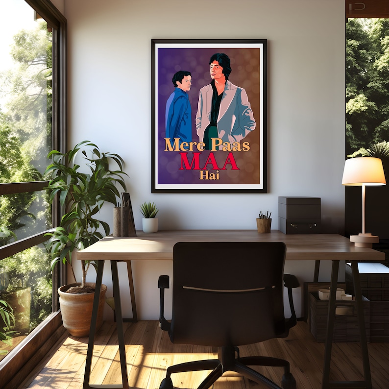 Puede incluir: Un p&oacute;ster enmarcado con fondo morado que presenta a dos hombres en un estilo vintage. El p&oacute;ster tiene el texto "Mere Paas Maa Hai" en hindi.