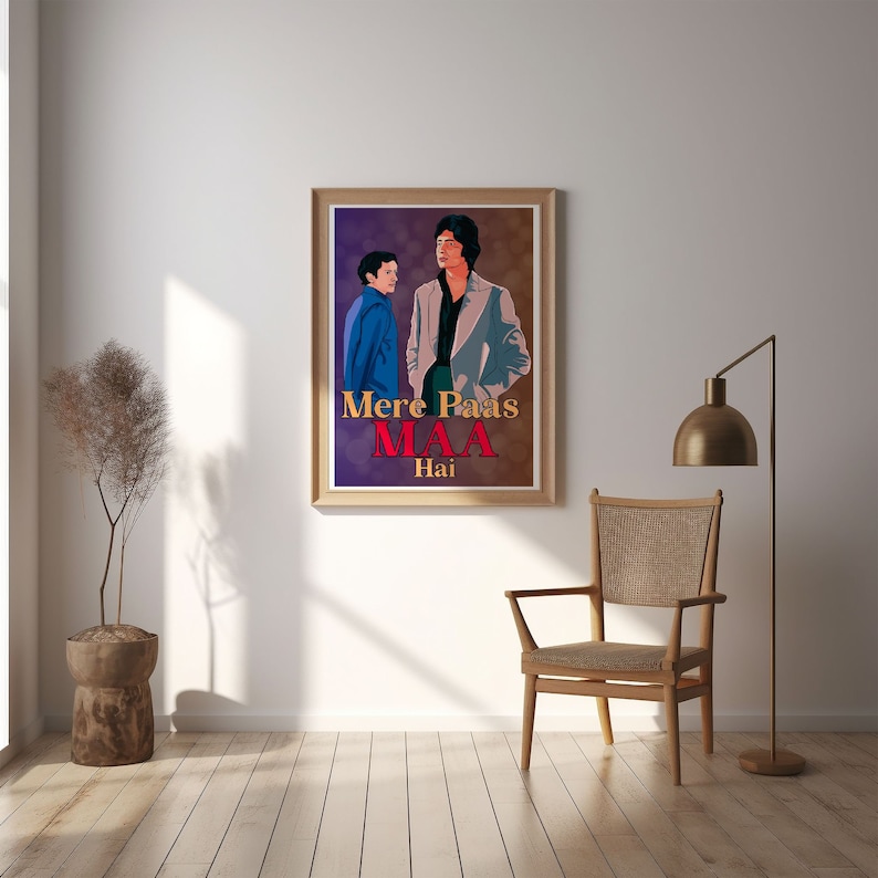 Puede incluir: Un p&oacute;ster de pel&iacute;cula vintage con fondo morado que presenta a dos hombres en una escena de la pel&iacute;cula "Mere Paas Maa Hai". El p&oacute;ster tiene un t&iacute;tulo rojo y blanco con el texto "Mere Paas Maa Hai".