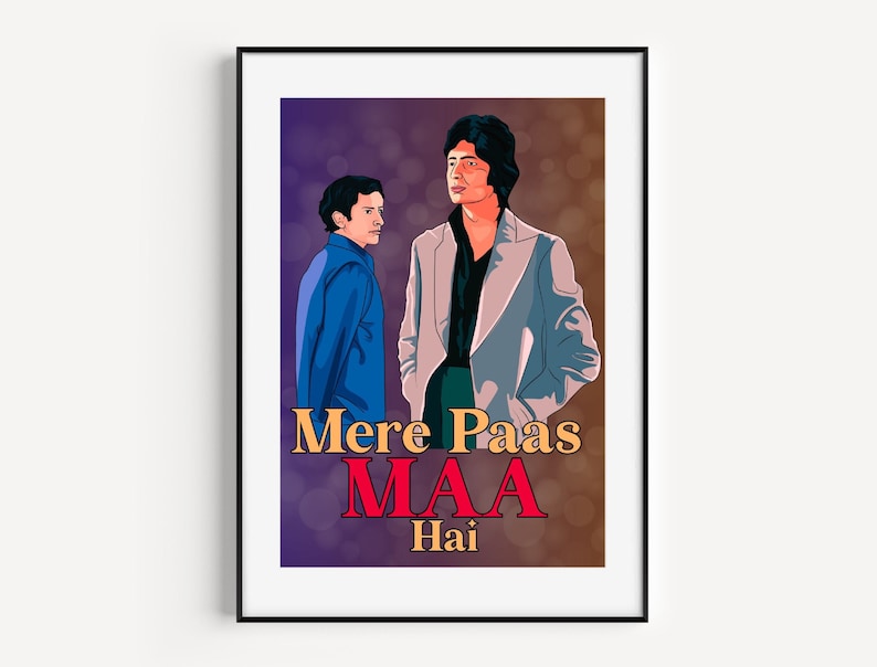 Puede incluir: Un p&oacute;ster de estilo vintage con dos hombres en un fondo morado, marr&oacute;n y naranja. Los hombres llevan trajes y el p&oacute;ster tiene el texto "Mere Paas Maa Hai" en amarillo, rojo y blanco.