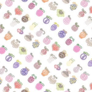May include: A repeating pattern of stylized, colorful fruit illustrations on a white background. The fruits vary in shape and color, including pink, orange, purple, and green, with intricate line details. The design is diagonal, creating a dynamic visual.