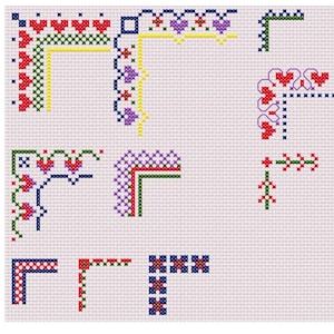 May include: A sheet of cross-stitch patterns featuring various corner designs. The patterns include hearts, flowers, and geometric shapes in red, blue, green, purple, and yellow.