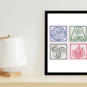 May include: A black framed print with four squares, each containing a different symbol from the Avatar: The Last Airbender series. The symbols are water, earth, air, and fire.