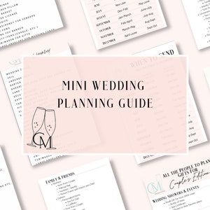 May include: A pink and white printable wedding planning guide with the title "Mini Wedding Planning Guide" and a graphic of two champagne glasses. The guide includes sections for wedding showers, wedding parties, and gifts for family and friends.