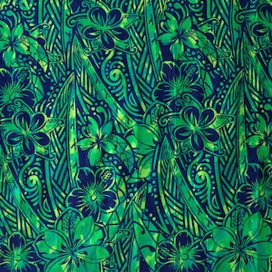 May include: A green and blue fabric with a repeating pattern of stylized flowers and geometric shapes. The fabric has a tie-dye effect.