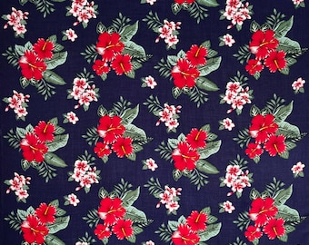 Hibiscus Plumeria & Tropical Leaves clusters | Rayon Fabric