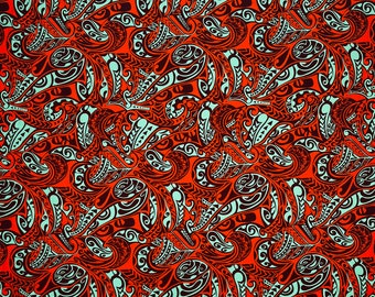 Traditional Polynesian Tattoo Swirl All Over Design Light Barkcloth, Lava Cloth Fabric, 100% Cotton